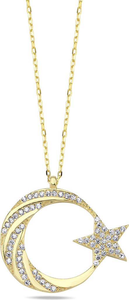 Damen Kette 925 Silber Ayyildiz Mondstern Gold Zirkonia