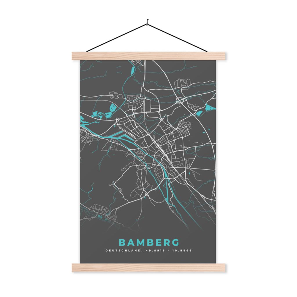 MuchoWow Textilposter Deutschland - Blau - Bamberg - Stadtplan - Karte 40x60 cm mit holzfarbenen Rahmen - Poster