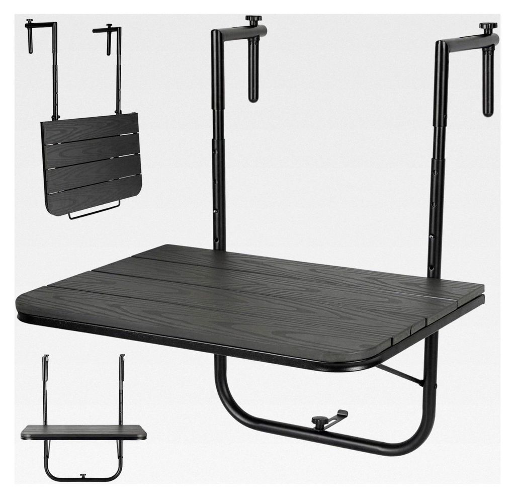 Klappbarer Balkontisch, Hängetisch mit 4-fach höhenverstellbar, zum Einhängen, wetterfest, Klapptisch 77 x 60 x 40 cm, für Balkon und Garten