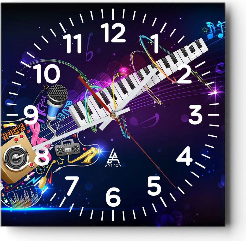 Wanduhr - Quadrat - Glasuhr - Gitarre Instrument Musik Notiz - 40x40cm - Schleichendes Uhrwerk - Lautlos - zum Aufhängen bereit - Dekoration Moder...