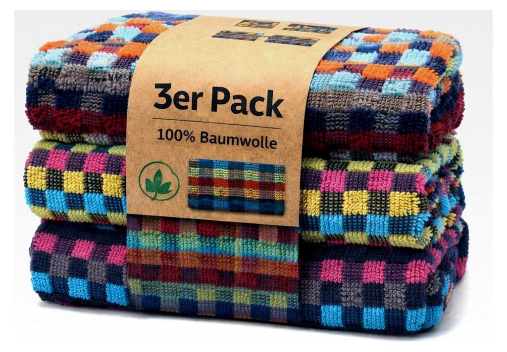 3er Set Frottier Grubentücher, 50 x 90 cm, Multicolor dunkel kariert, Handtuch, Geschirrtuch, 100% Baumwolle