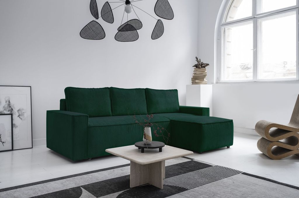 MIUFORM Brave Dave - Ecksofa mit Bettfunktion und Bettkasten L-FORM Sofa mit umstellbarer Ottomane - 250x156cm - Flaschengrün - Sofa Schlafsofa Couch