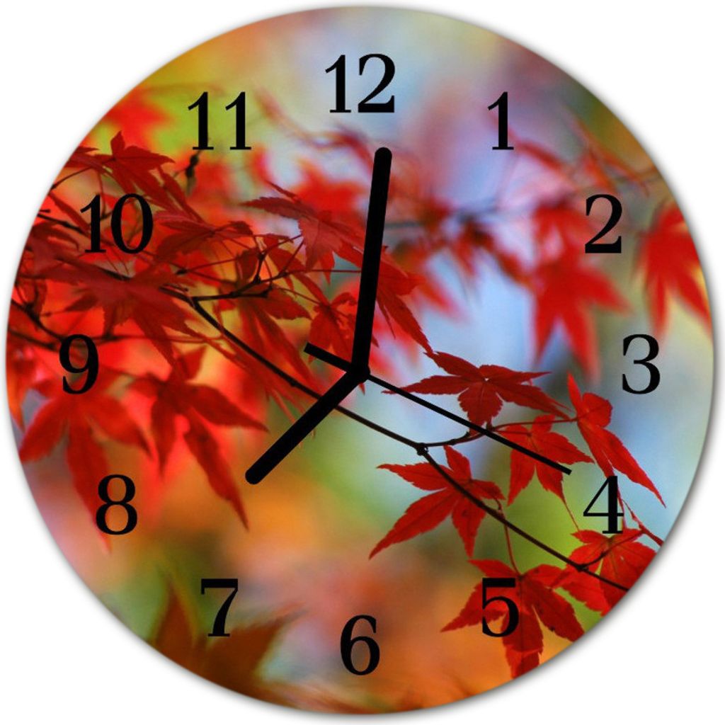 Glasuhr Wanduhr Küchenuhr Echt-Glas 30fi cm Ahorn Blätter rot