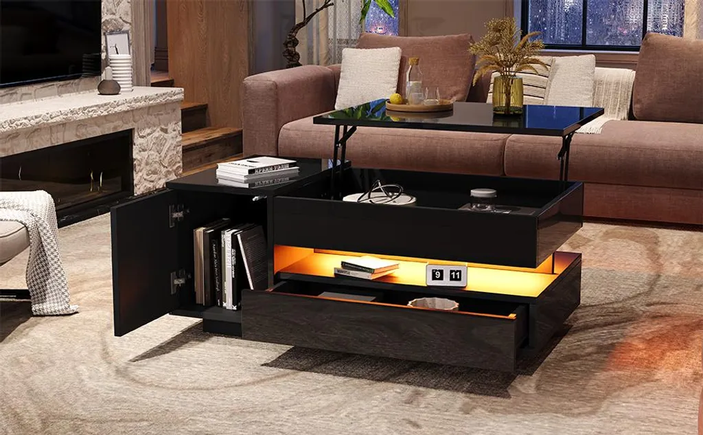 Table Basse Haute Brillance Relevable avec LED et Coffre de Rangement - 4