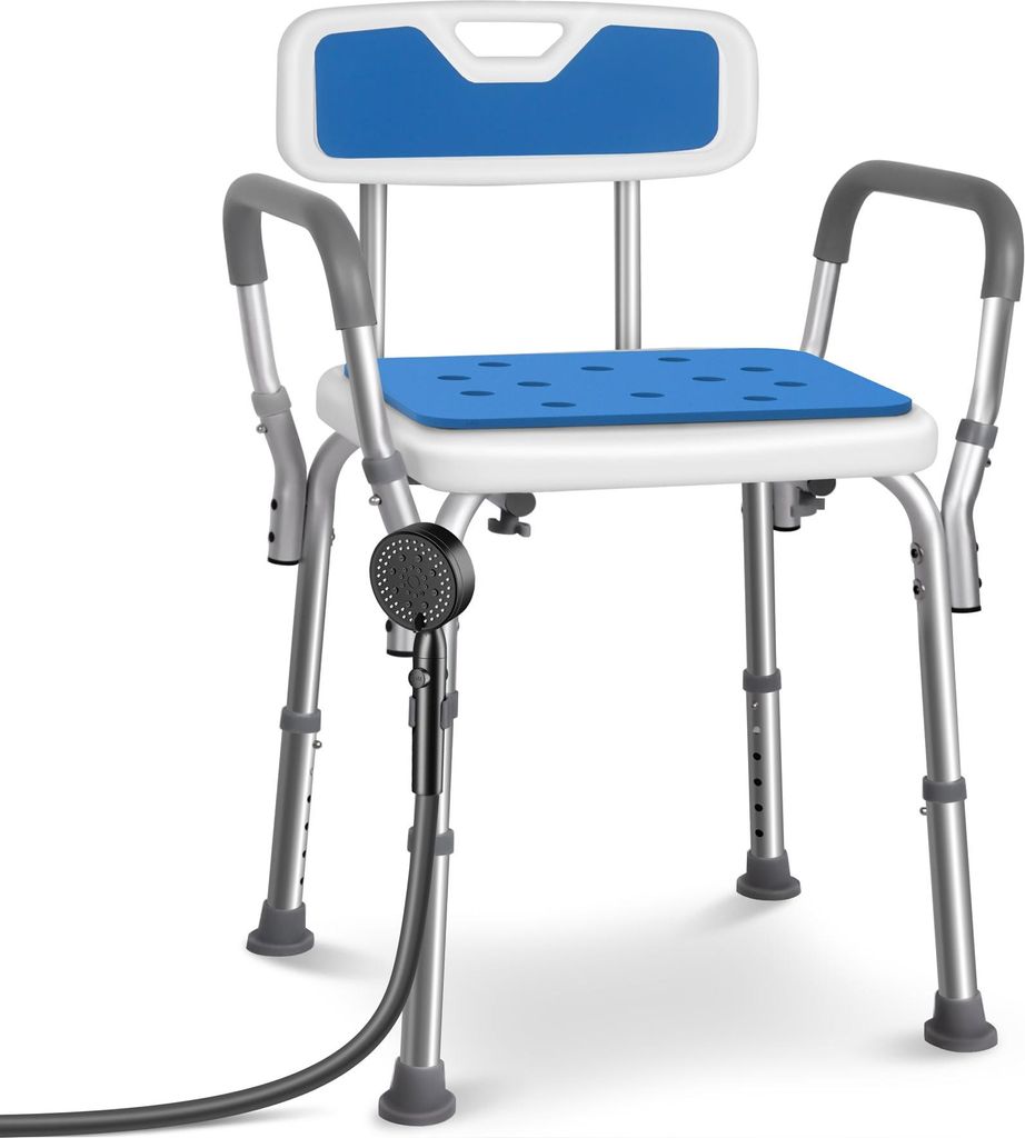 VOUNOT Duschstuhl mit Rückenlehne & Armlehnen, ergonomischer Duschhocker für Senioren, höhenverstellbar 71–83.5cm,Blau