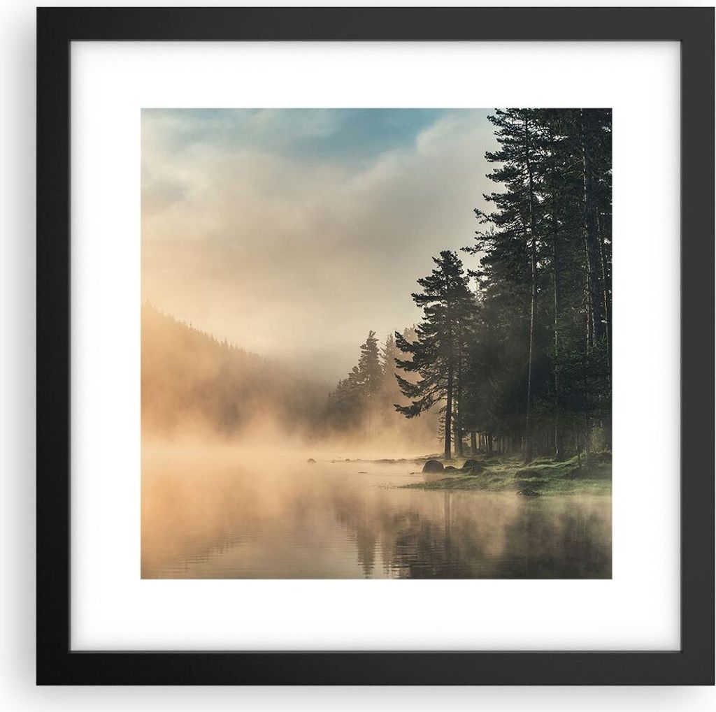 Gerahmtes Poster - Schwarzer Rahmen - Nebel See Wald - 30x30 cm - Wand Bild - Wanddeko - Wandbilder - Kunstposter - Wandposter - Bilderrahmen - Bil...