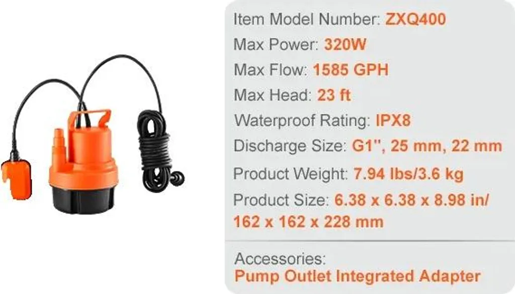 Pompe d'évacuation d'eau claire et chargée 1585 GPH submersible IPX8 320W