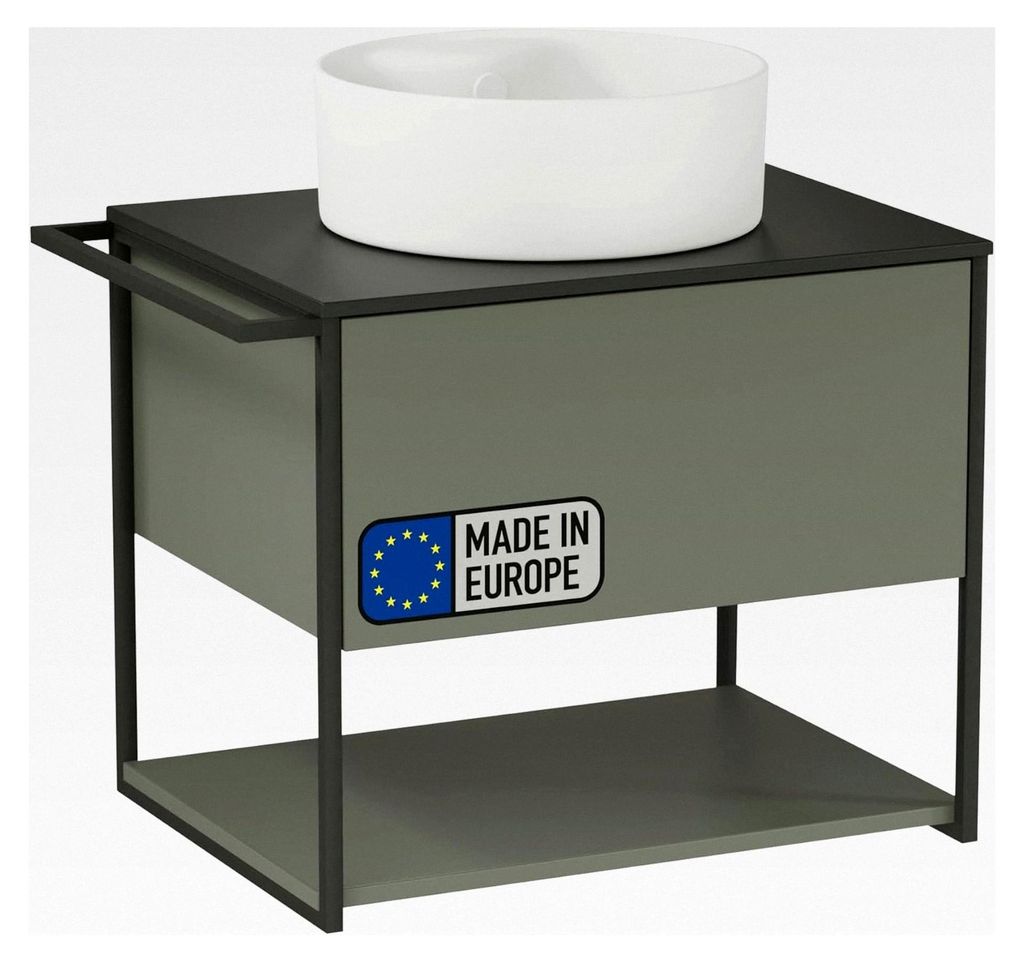 Duna Waschtisch mit Unterschrank – 60 cm breit, Aufsatzwaschbecken aus weißer Keramik mit Unterschrank in Grün, skandinavisches Design mit Wasc...