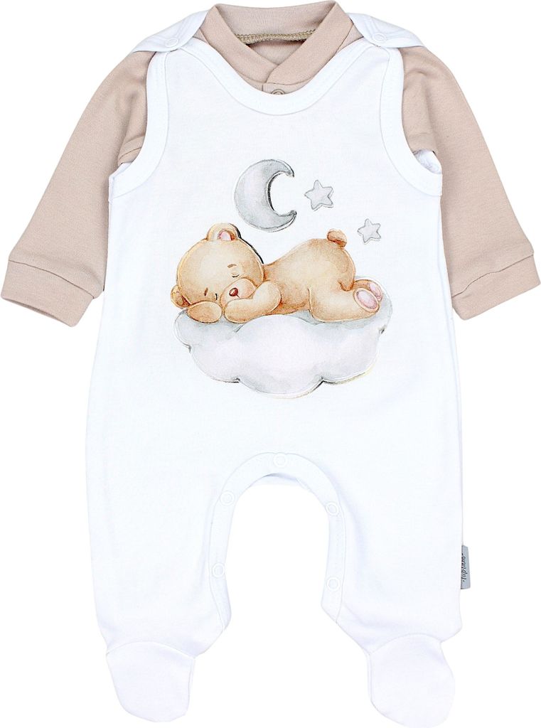 TupTam Baby Mädchen Jungen Strampler mit Langarmshirt Aufdruck Spruch 2 teilig, Farbe: Bärchen auf der Wolke Weiß Beige, Größe: 62