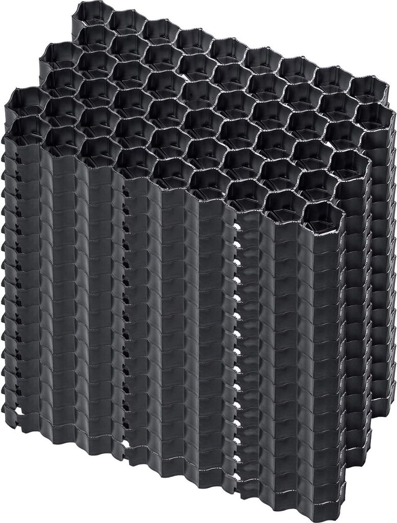 A stack of black honeycomb-shaped plastic grids.