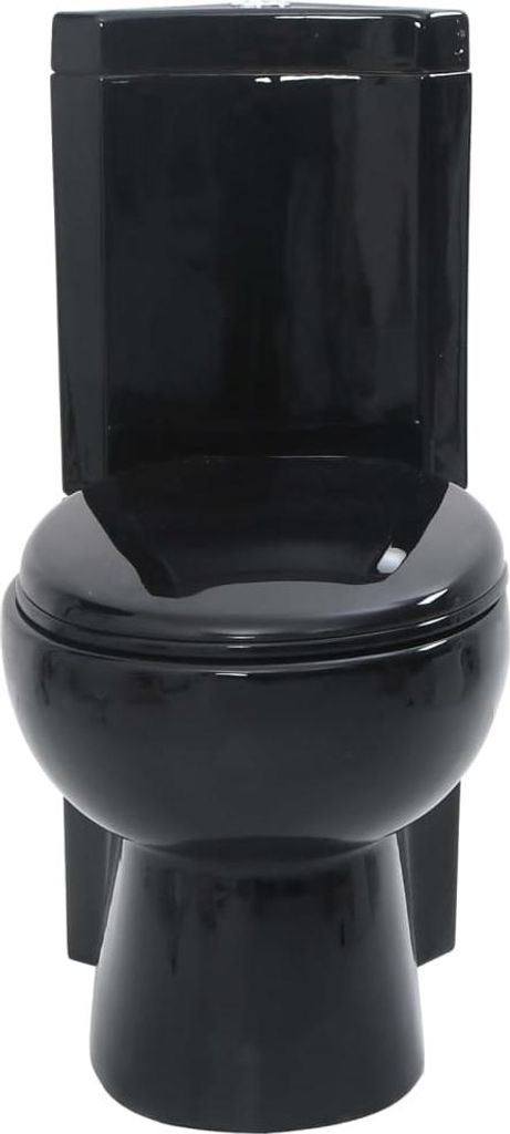 A black toilet is shown from the front against a white background.