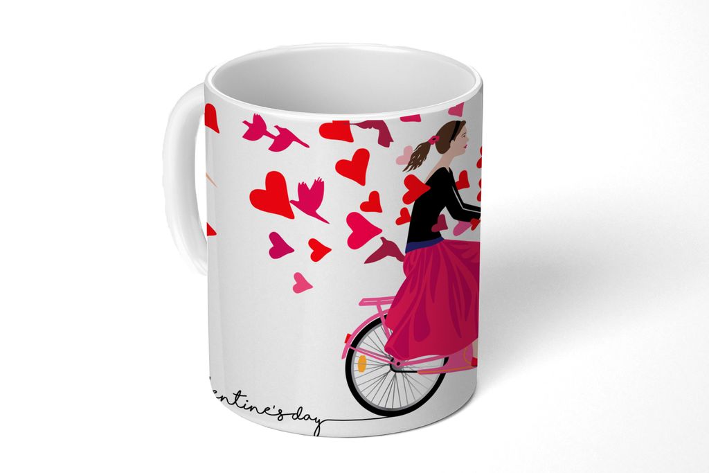 KitchenYeah Tasse Kaffeetasse Kaffeebecher 350 ml Eine Illustration einer Frau auf einem Fahrrad mit einem Korb voller Herzen Teetasse - Fototass...