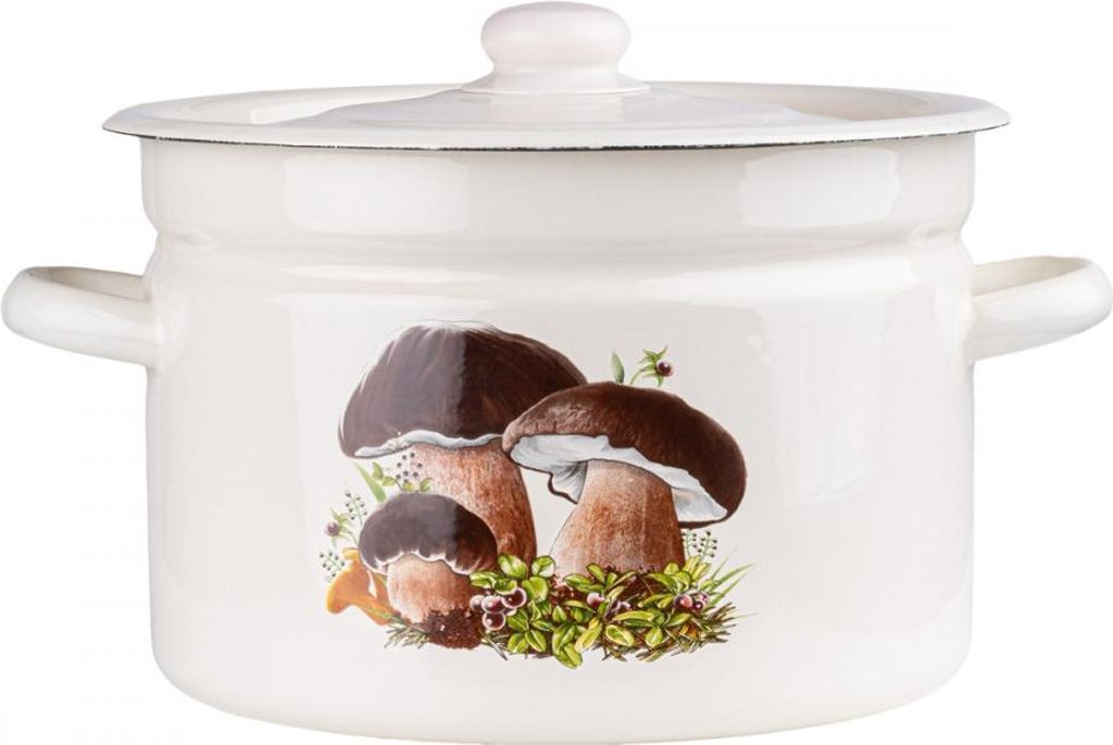 A white enamel pot with a lid, decorated with a mushroom motif.