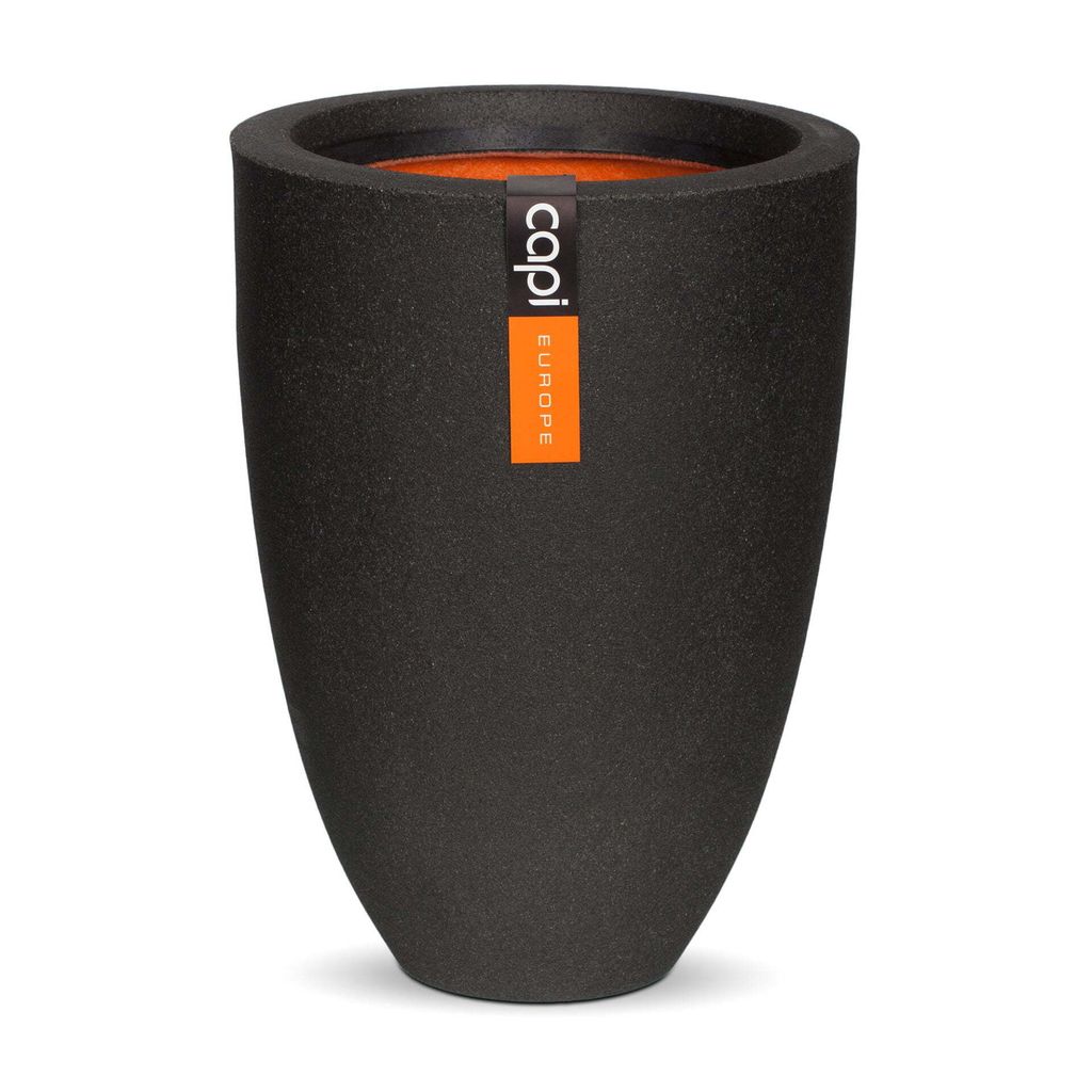 A black planter with an orange interior and a label on the side.