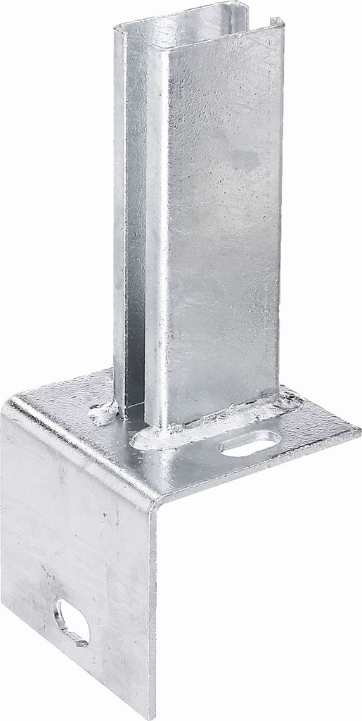 A metal fence post bracket on a white background.