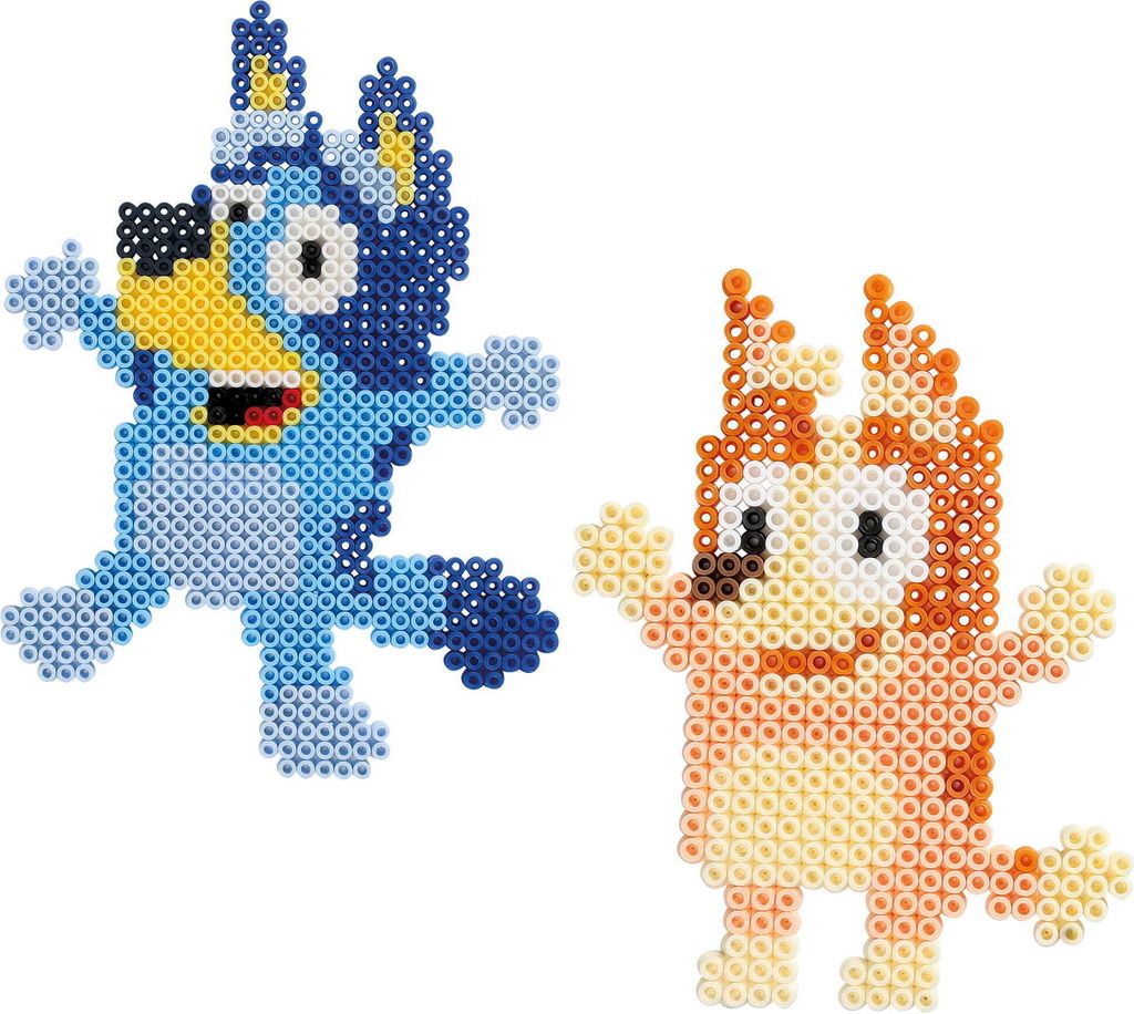 Two pixelated dog characters, Bluey and Bingo, made from beads, are shown against a white background.