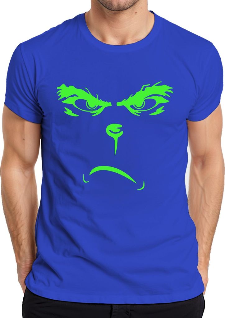 Halloween Monster Gesicht Grusel Augen Leuchtend Neon Alien böse Herren T-Shirt, Blau, L
