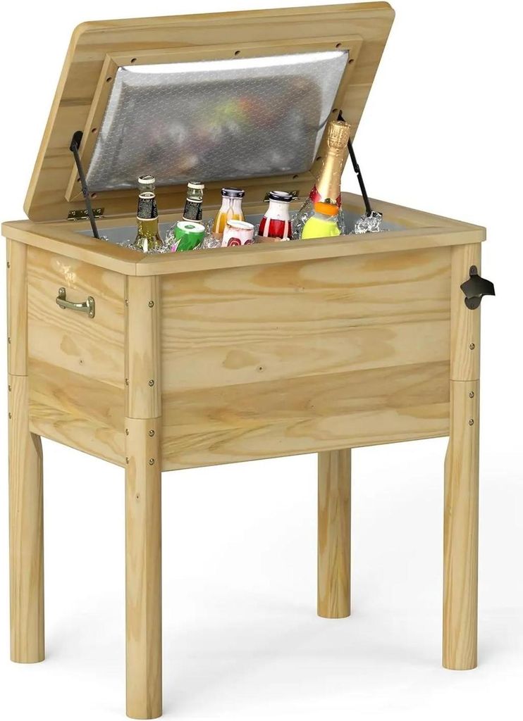 Getränkekühler aus Holz - 51 l Outdoor Kühlbox - Rustikaler Look - Mit Ablassventil - Für Garten, Terrasse, Pool, Party, Grill - Khaki