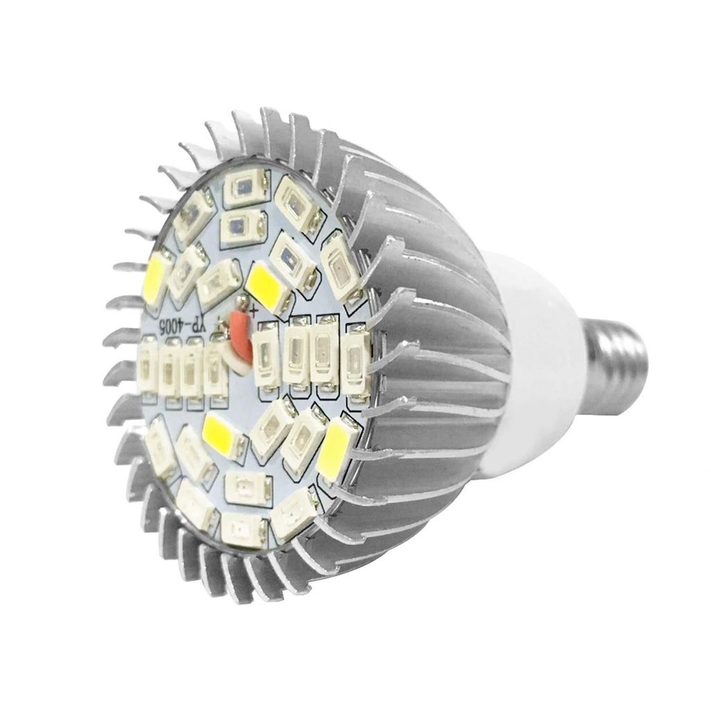 A close-up studio shot of a full-spectrum LED grow light bulb.