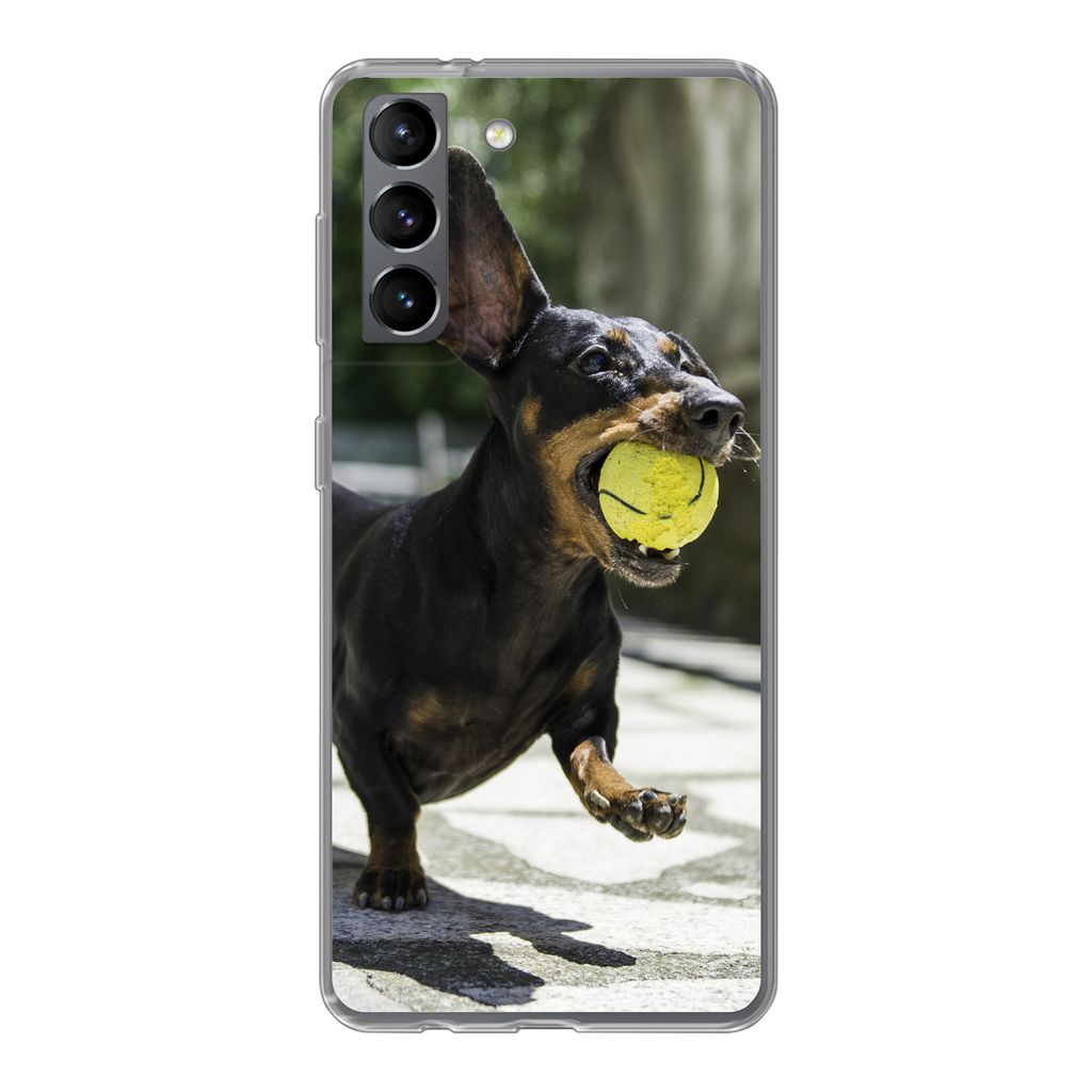 MuchoWow Handyhülle Schutzhülle Hülle für Samsung Galaxy S21 Ein schwarzer Dachshund mit einem Tennisball Silikon Softcase Handy Hülle - Sof...