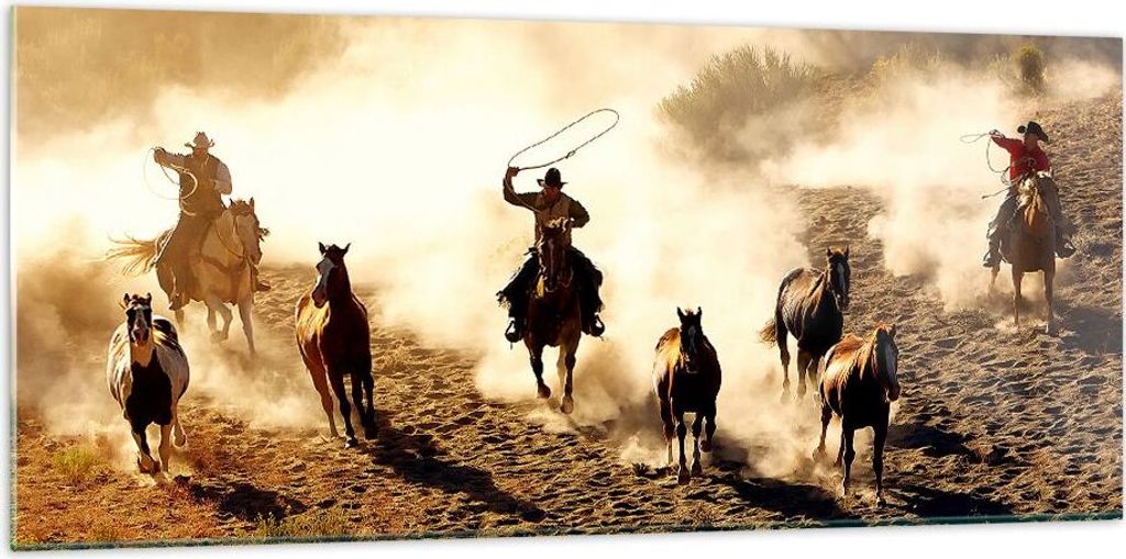 Bilder auf glas - Cowboys Pferde Galopp - 120x50cm - Glasbilder - Wandbilder - Kunstdruck - zum Aufhängen bereit - Wanddekoration aus Glas - Glas ...
