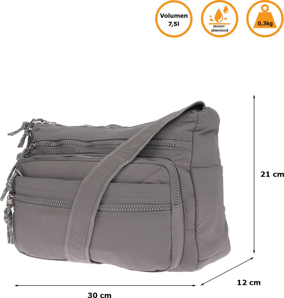Große Damen Tasche Schultertasche Umhängetasche Henkeltasche Nylon Optik Bag Grau