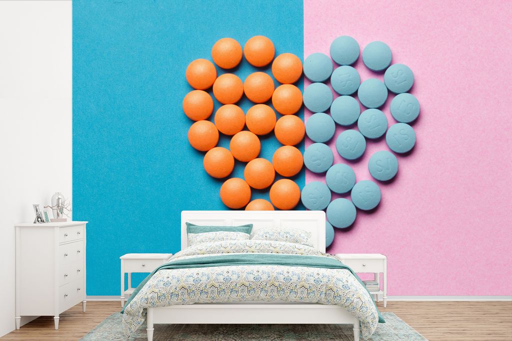 MuchoWow Fototapete für Wohnzimmer oder Schlafzimmer Wandtapete Vinyl Motivtapete Herz - Tabletten - Pastell - 360x240 cm - Vinyl-Tapete