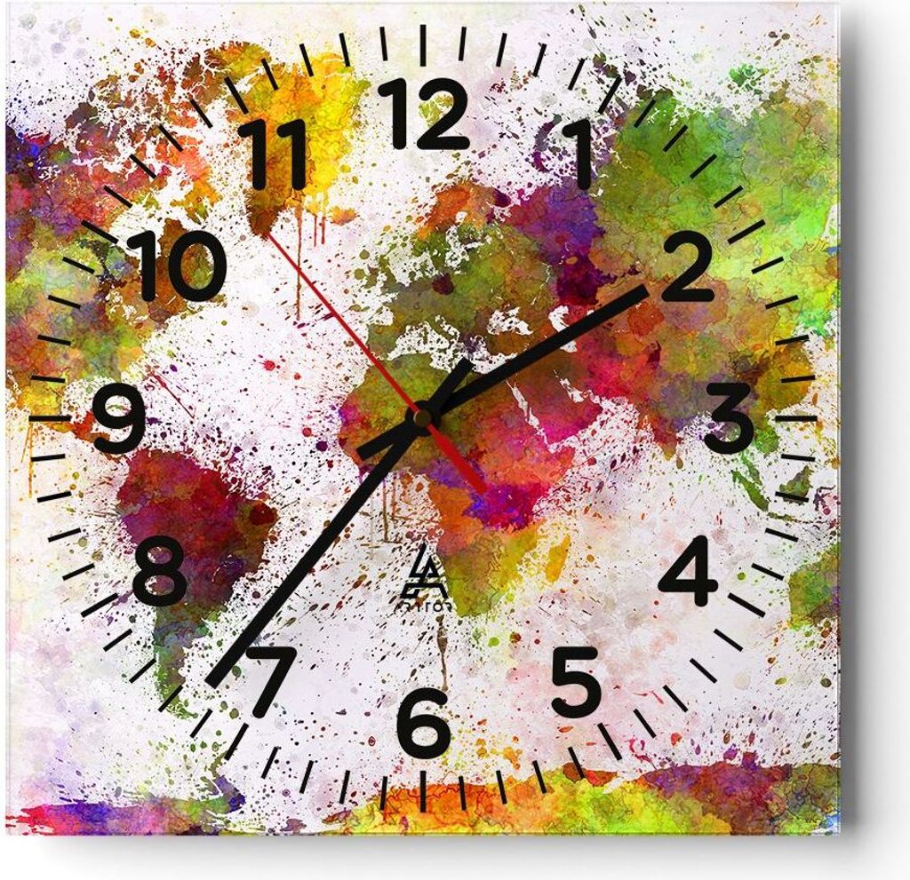 Wanduhr - Quadrat - Glasuhr - Karte Welt modern - 30x30cm - Schleichendes Uhrwerk - Lautlos - zum Aufhängen bereit - Dekoration Modern - Wanddekor...