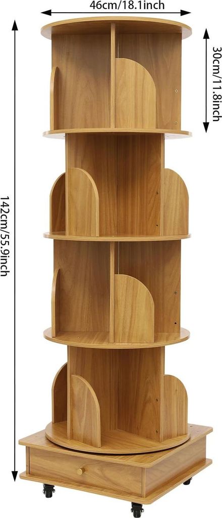 Bücherregal - Drehbarer Aufbewahrungsturm - 4 Ebenen - 360° Drehbar - Platzsparend - Für Bücher & Spielzeug - Kinder/Studenten - Gelb