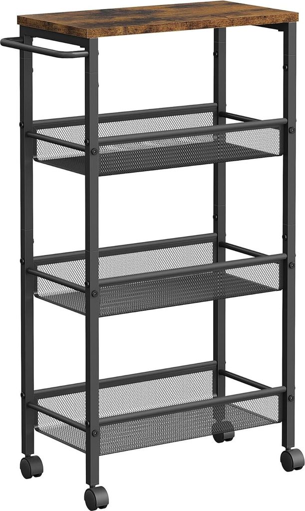 VASAGLE Wagen 4 Ebenen, Küchenwagen schmal, Nischenregal auf Rollen, Stahl, Griff, für kleine Räume, 22 x 45,5 x 77 cm, Küche, Bad, Wohnzimmer