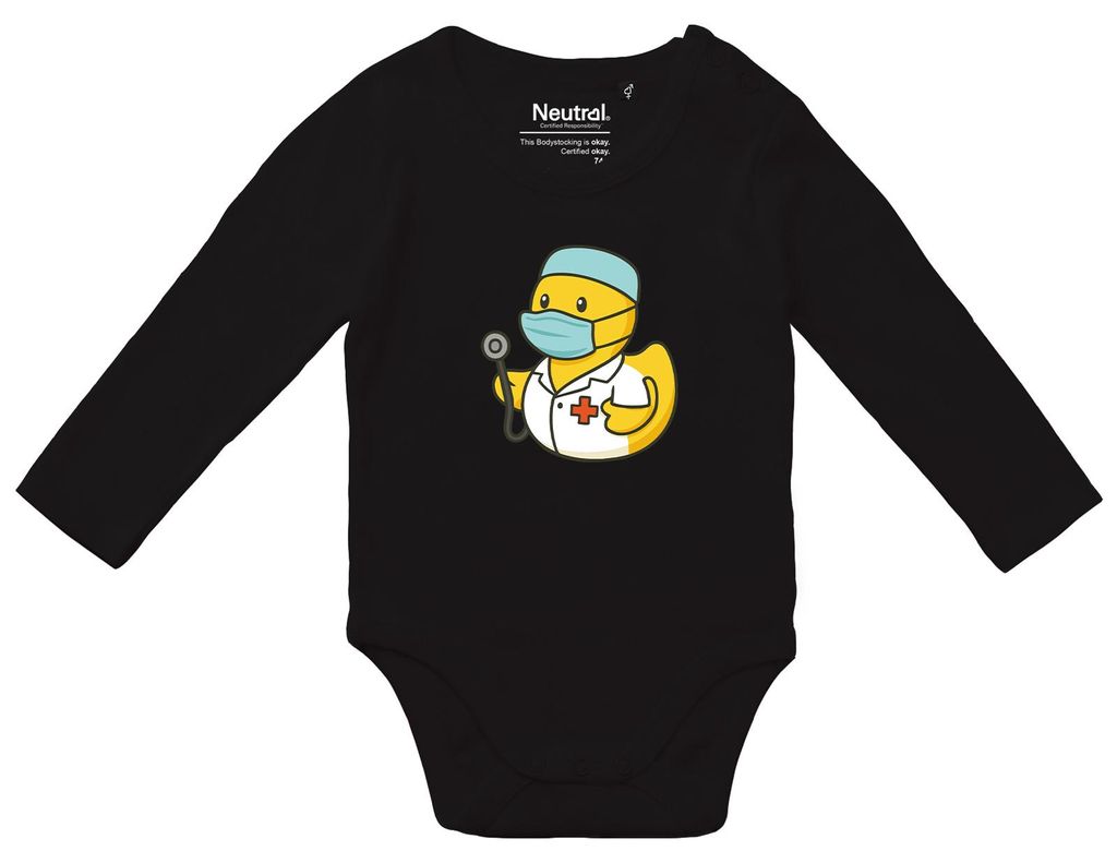 Huuraa Baby Body Quietscheente Medizin Comic Gummiente 68 Black Baumwolle Fairtrade Langarmbody Geschenkidee