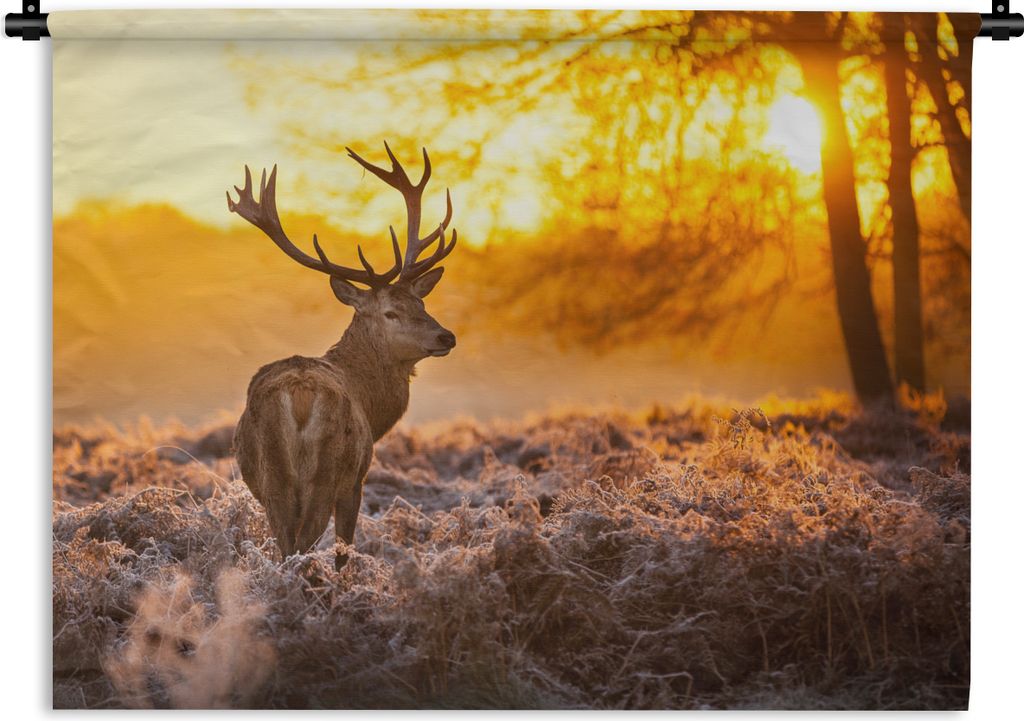 MuchoWow Wandteppich Wandbehang Hirsche - Tiere - Sonnenuntergang - Winter - Heidekraut - Natur 120x90 cm Tapisserie Dekoration Wandtuch - Wohnen...