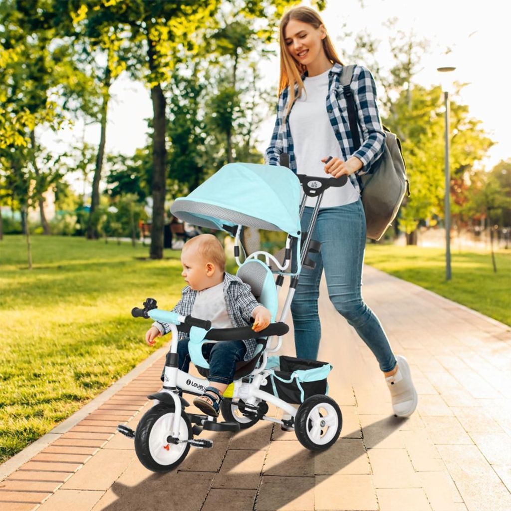 Kinderdreirad 6-in-1 mit Schiebestange Dach Gurt und Ablagekorb Dreirad Kinderwagen Fahrrad für 1-5 Jahre Kinder Grün