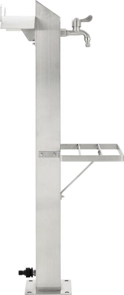 A stainless steel outdoor water column with a faucet and a small shelf.