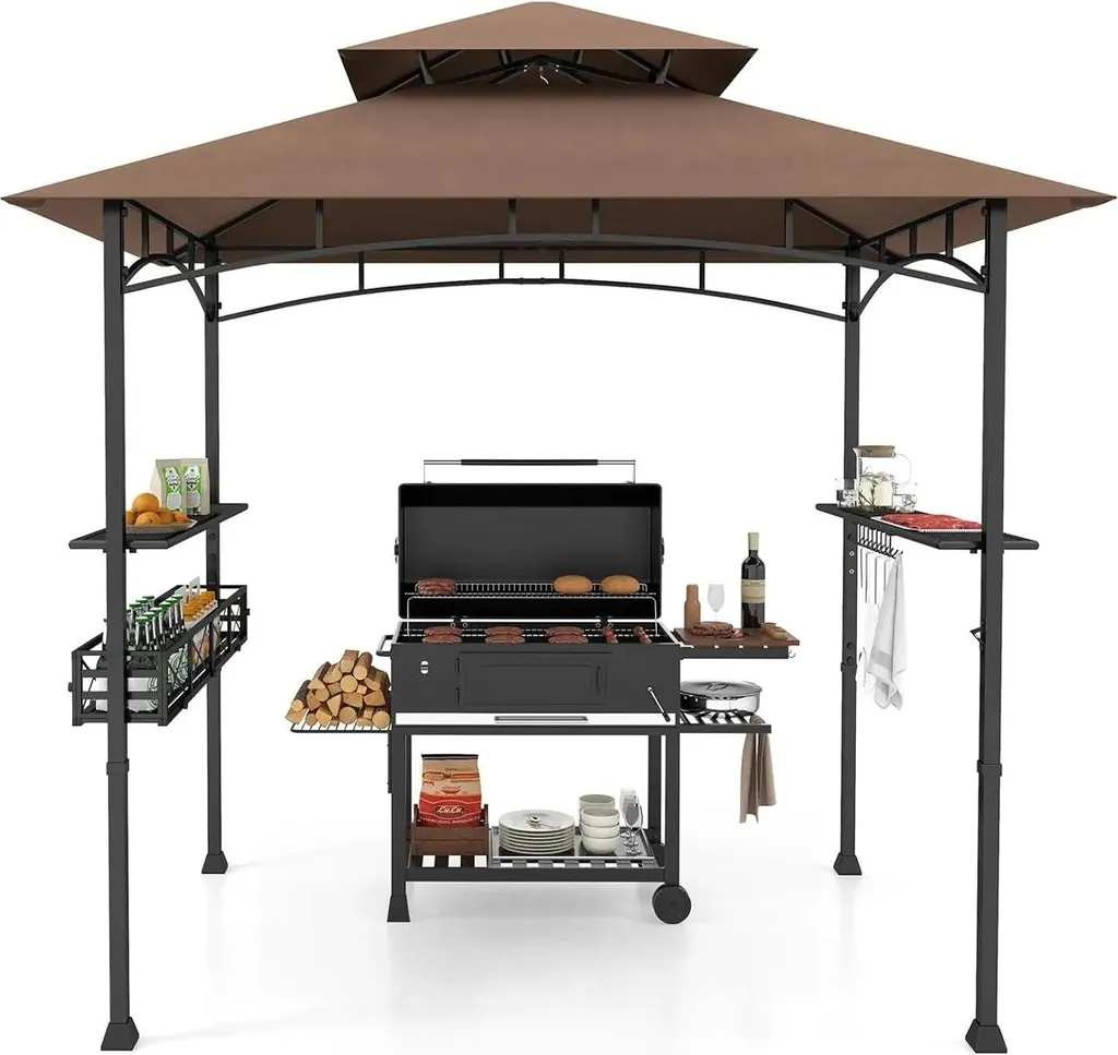 Abri barbecue ventilé anti-fumée marron avec support ustensiles complet