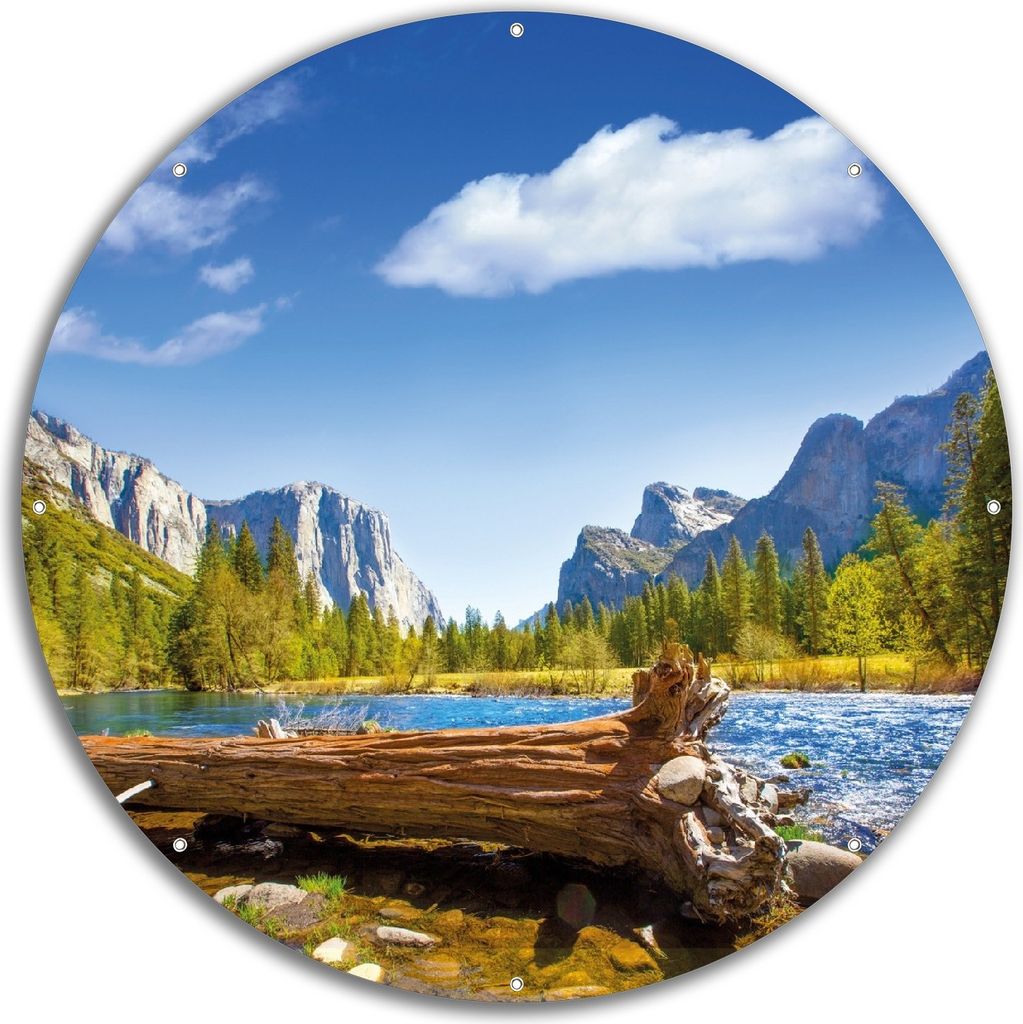 Wallario rundes Outdoor-Poster für Garten oder Balkon, Motiv Baumstamm im Fluss zwischen Bergen und Wäldern, 60 cm Durchmesser