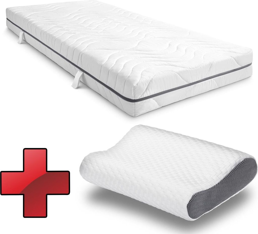 7 Zonen Viskoelastik-Matratze Sleezzz Smart 90 x 200 cm, Höhe 18 cm, Härtegrad H3 mit Air Memoryschaum + Sleezzz Premium Memory-Effekt Kissen