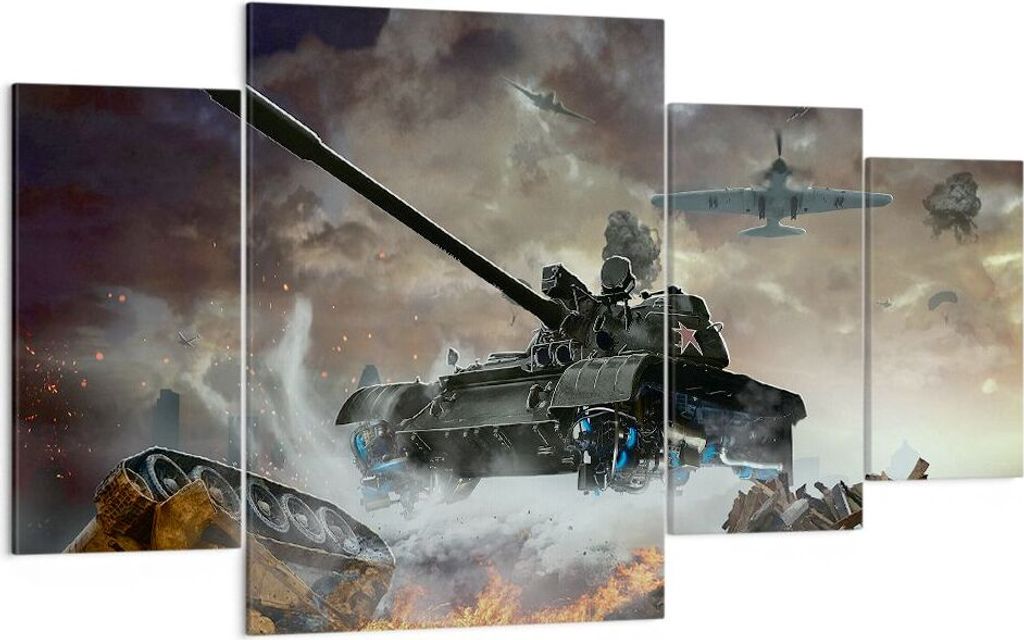 Bild auf Leinwand - Leinwandbild - Krieg Panzer Airplain Schlacht - 160x90cm - Wand Bild - Wanddeko - Leinwanddruck - Bilder - Kunstdruck - Wanddek...