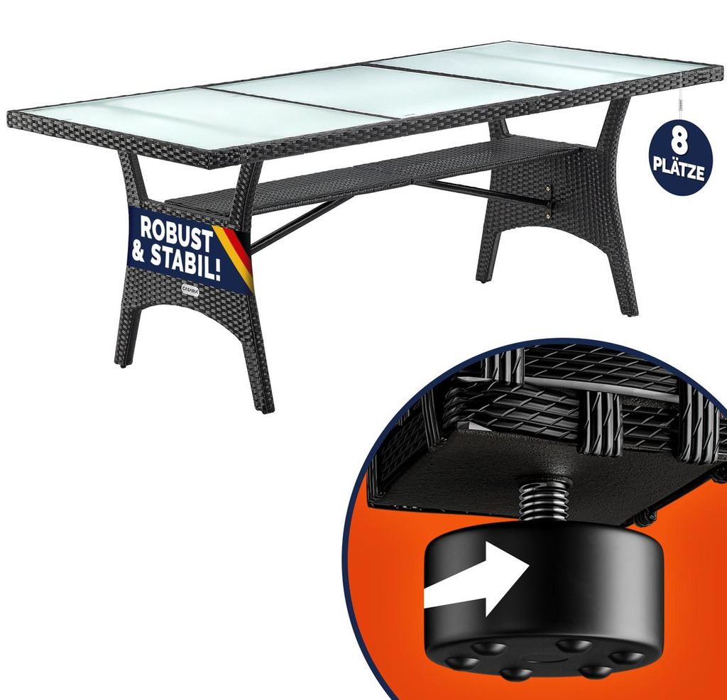 CASARIA Polyrattan Gartentisch 190x90x74cm mit Ablage Glas Tischplatte Höhenverstellbar Wetterfest Garten Terrasse Tisch Esstisch Gartenmöbel S...