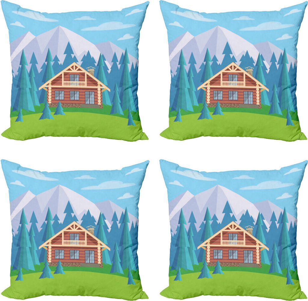 ABAKUHAUS Blockhaus Kissenbezug Set (4 Stück), Holzhaus in Berg, Moderner Doppelseitiger Digitaldruck, 50 cm x 50 cm, Mehrfarbig