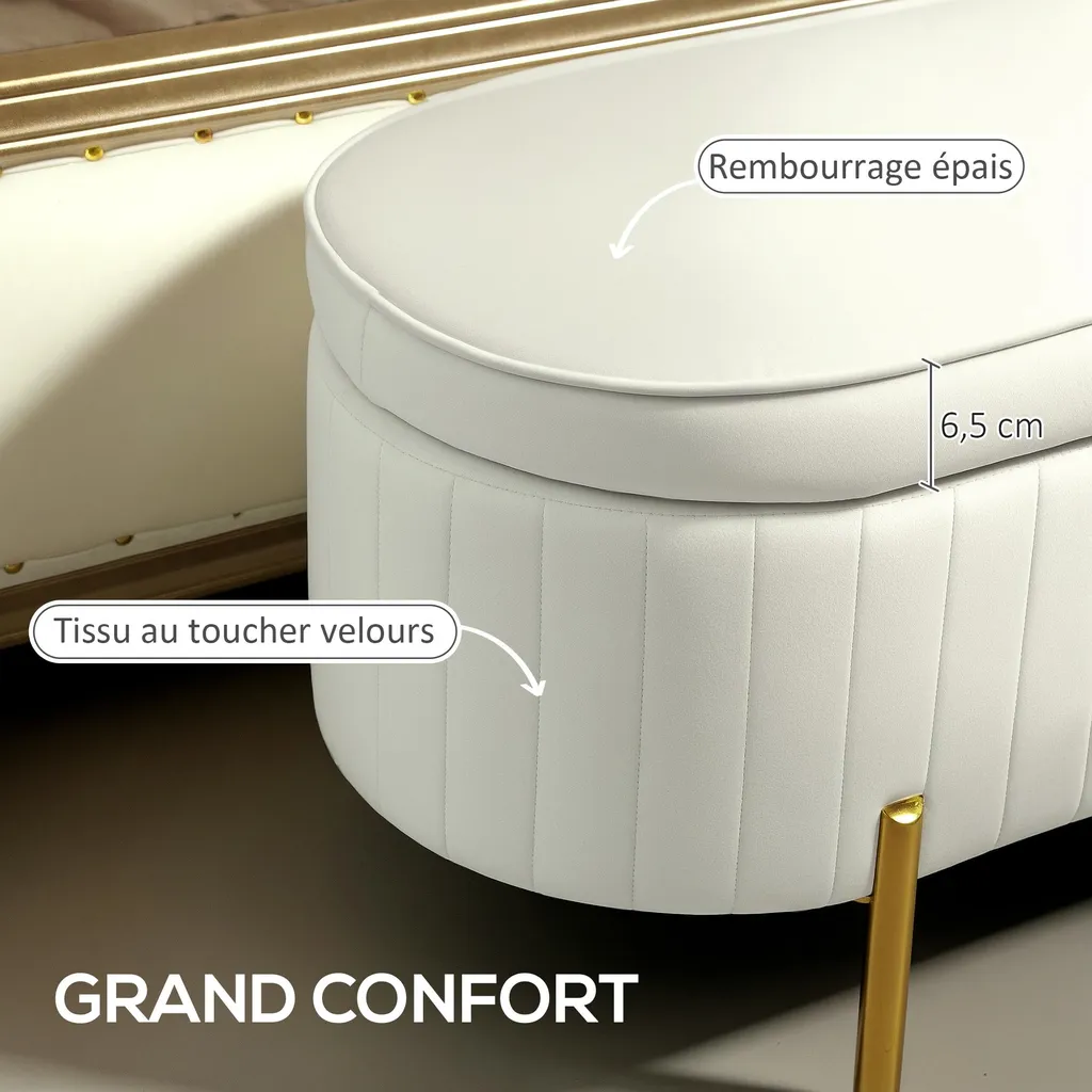 Bout de lit coffre velours crème idéal pour ranger couettes et oreillers 72L - 3