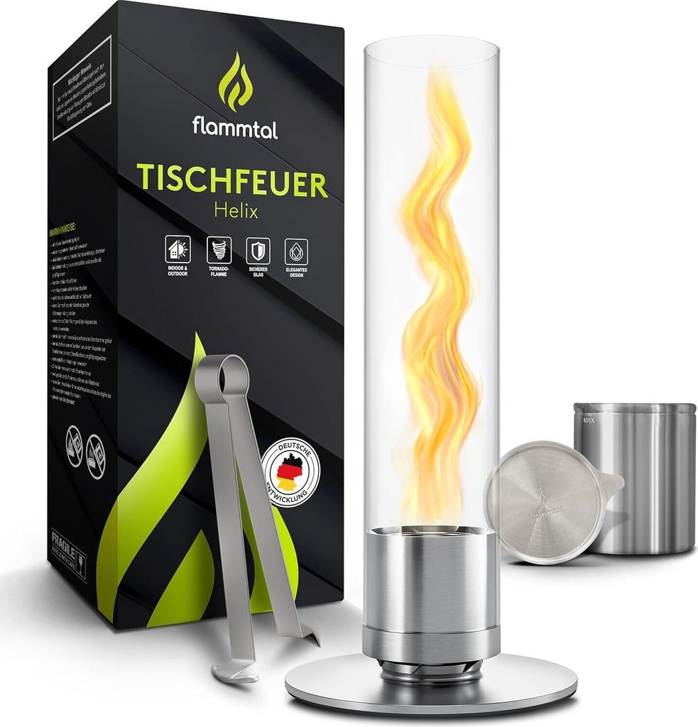 Flammtal Tischkamin mit Flammenwirbel - Tischfeuer für Indoor & Outdoor - Unendliche Brenndauer & Lagerfeueratmosphäre -Wärmender Bio Kamin - SILBER