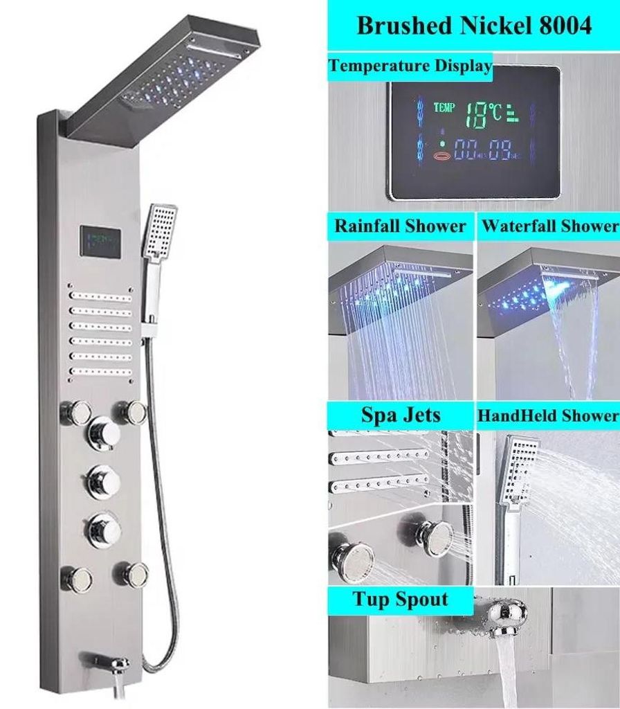 Duschpaneel mit LED - Modell 8004 - 304 Edelstahl - Digitalanzeige - Körpermassage-Düsen - Schiebestange - Einhebelmischer - Gebürstetes Nickel