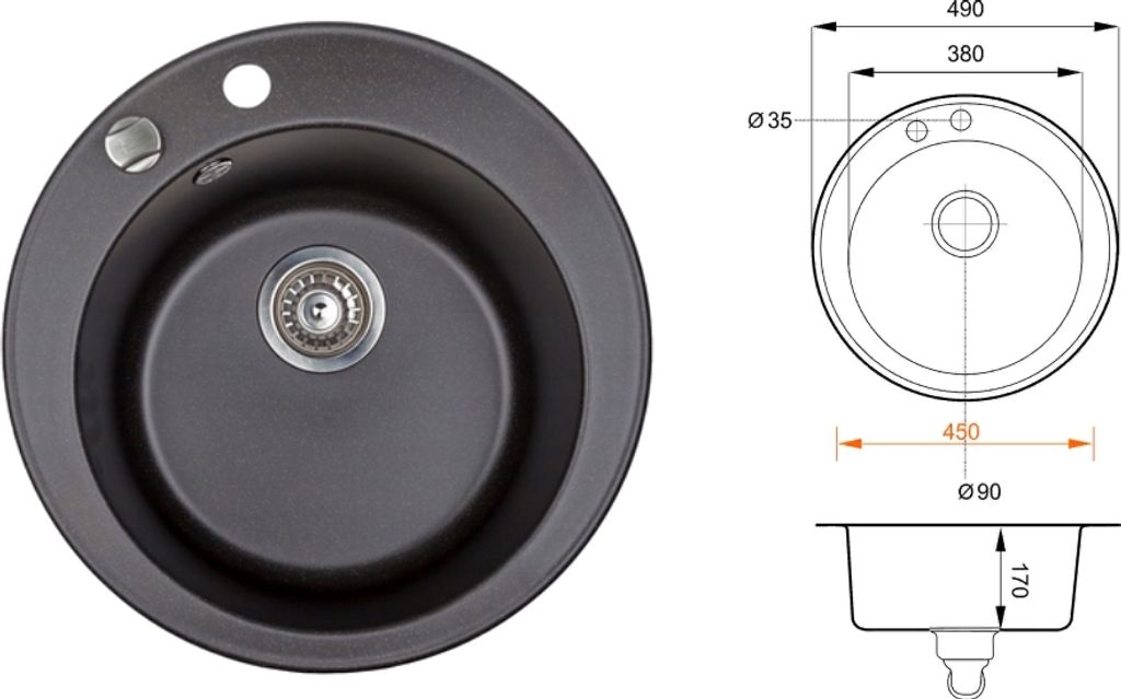 Rund Granitspüle Küchenspüle schwarz Ø49 Einbauspüle mit Produktbild 3