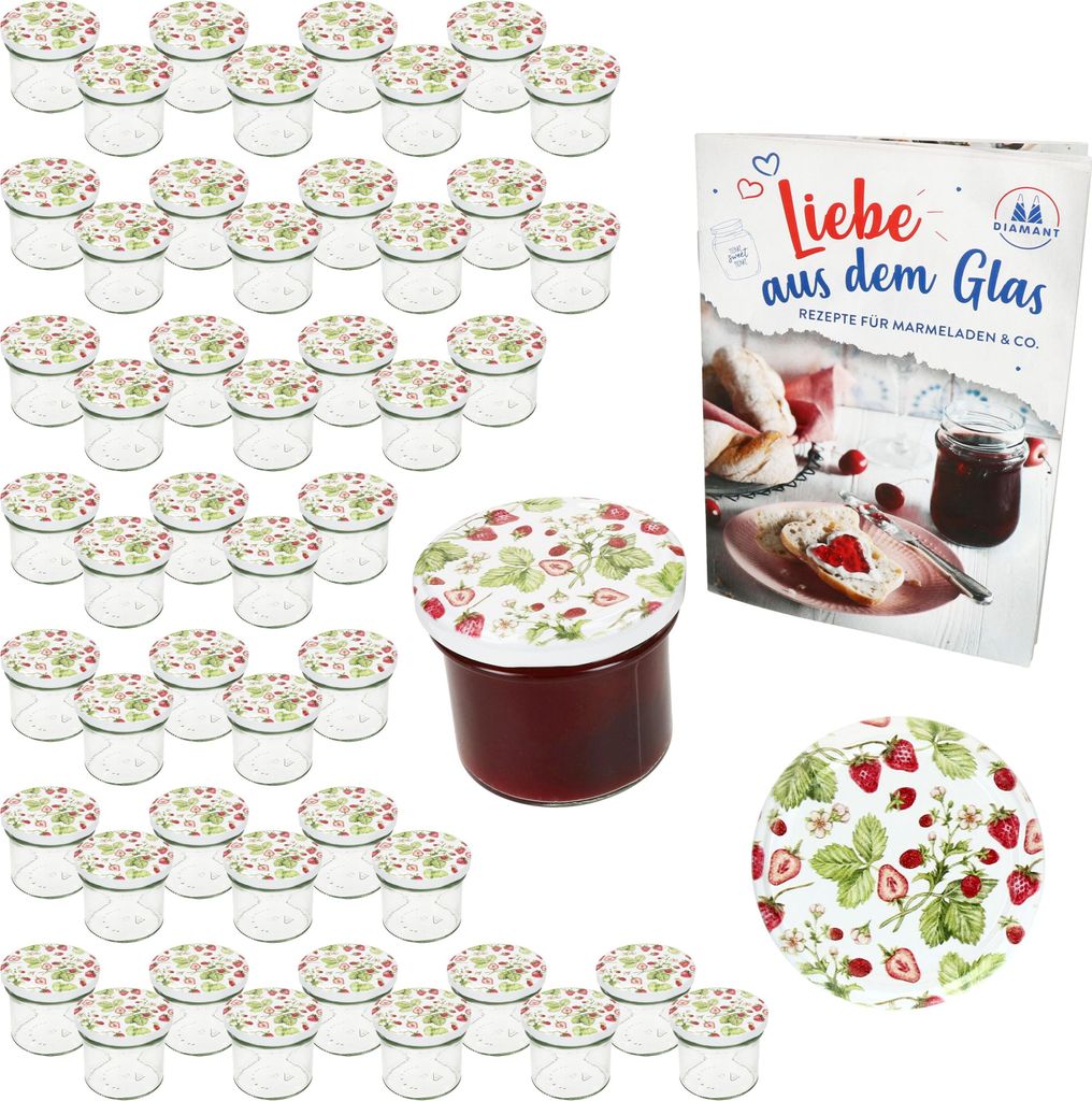 50er Set Sturzglas 125ml Einmachglas Wald-Erdbeere Deckel DiamantZucker-Rezept