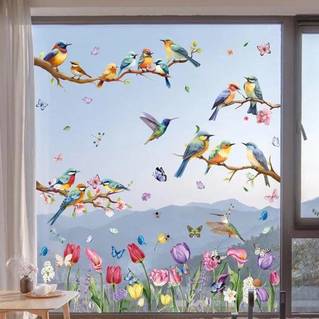 Films autocollants motifs oiseaux et fleurs pour portes chambre d'enfant
