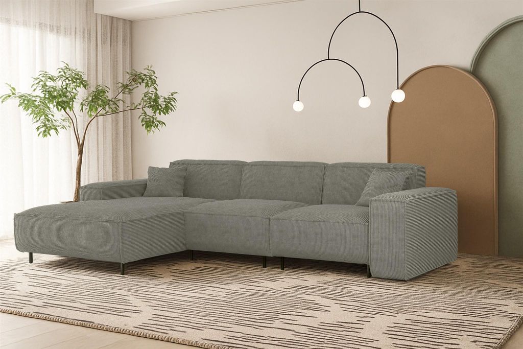 Ecksofa Designersofa GLORIA in Stoff Scala Grau Ottomane Links