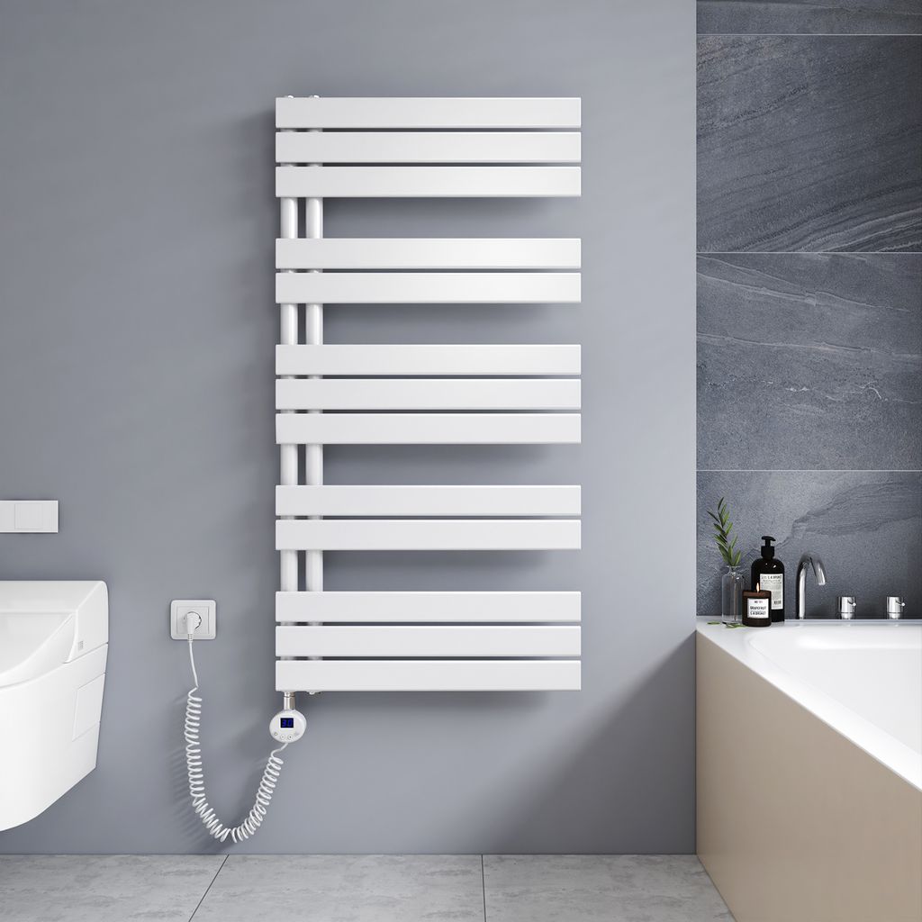 Meykoers Handtuchtrockner Elektrisch Weiß Badheizkörper mit 600W Thermostat 1176 x 600mm Heizkörper Asymmetrie Design Handtuchwärmer - Montage ...