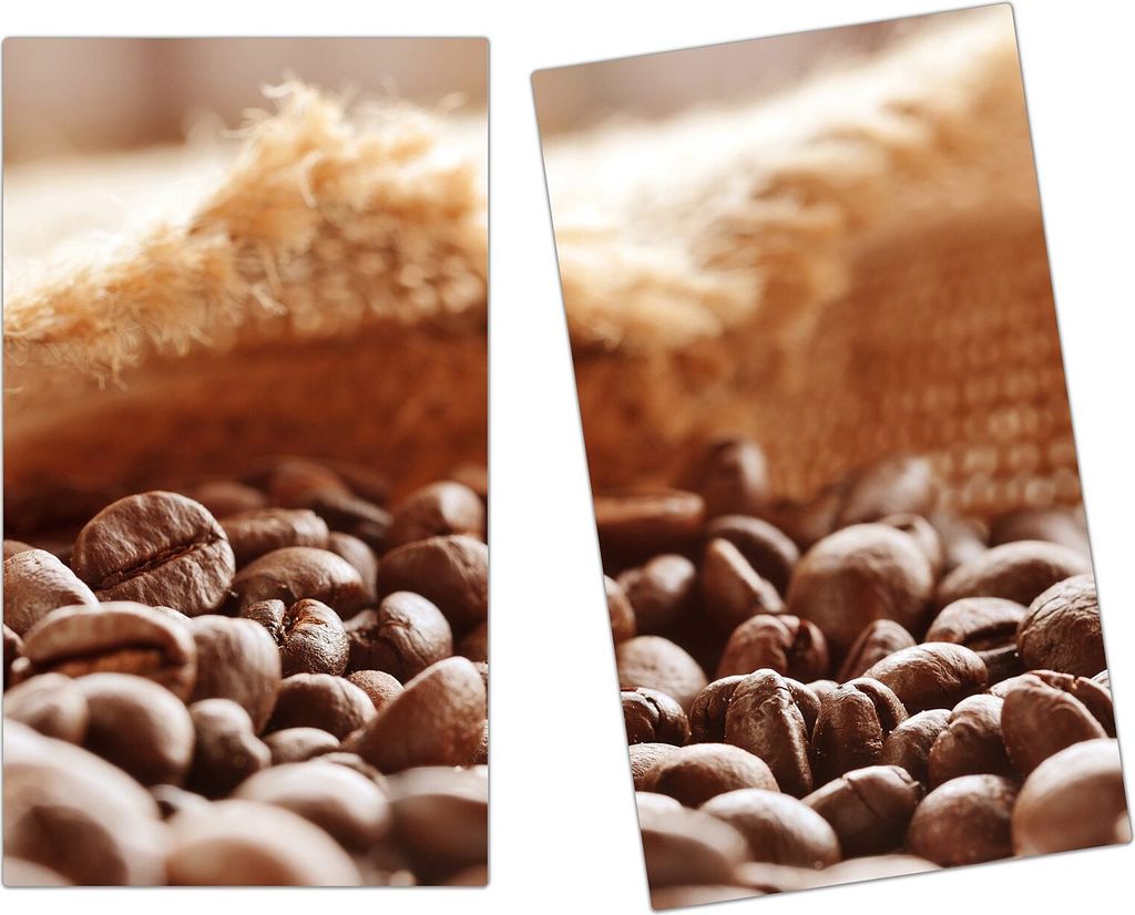 Spritzschutz Herdabdeckplatte Schneidebrett aus Glas Kaffeebohnen und Leinensack 2-Teilig (60x52cm)