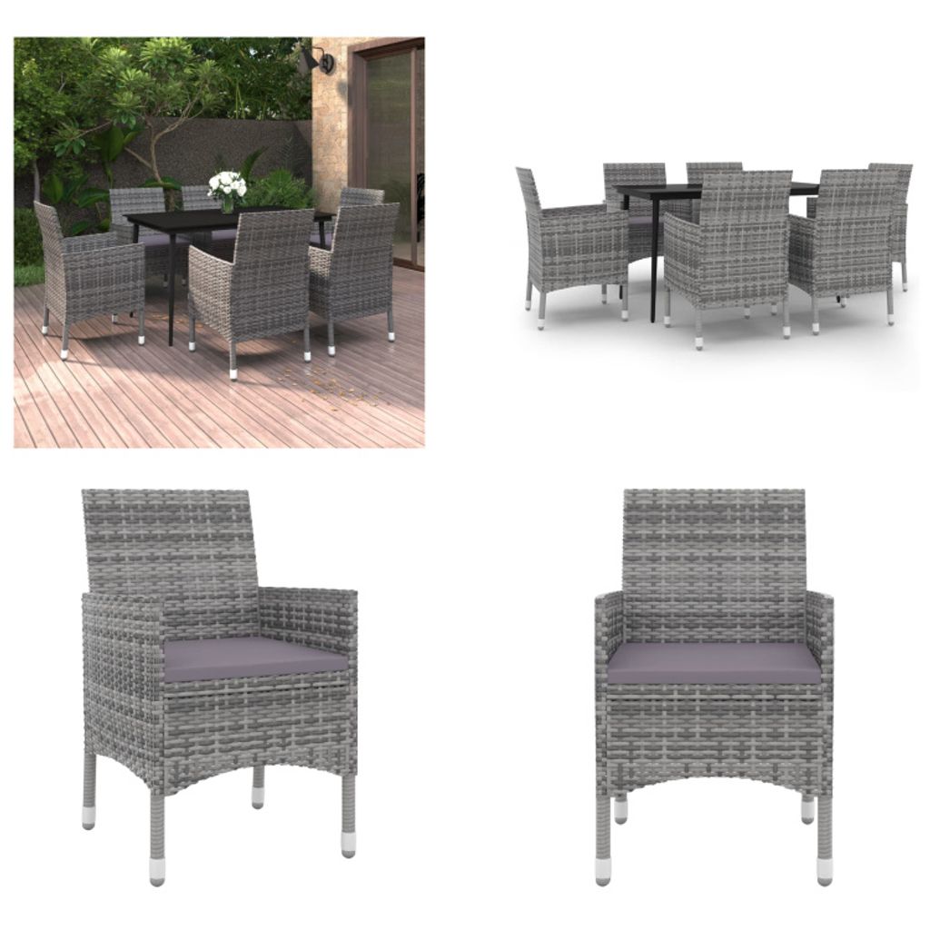 vidaXL 7 tlg. Garten Essgruppe mit Auflagen Poly Rattan und Glas - Garten-Essgruppe - Garten-Essgruppen - Outdoor-Essgruppe - Gartentisch Und Stuhl
